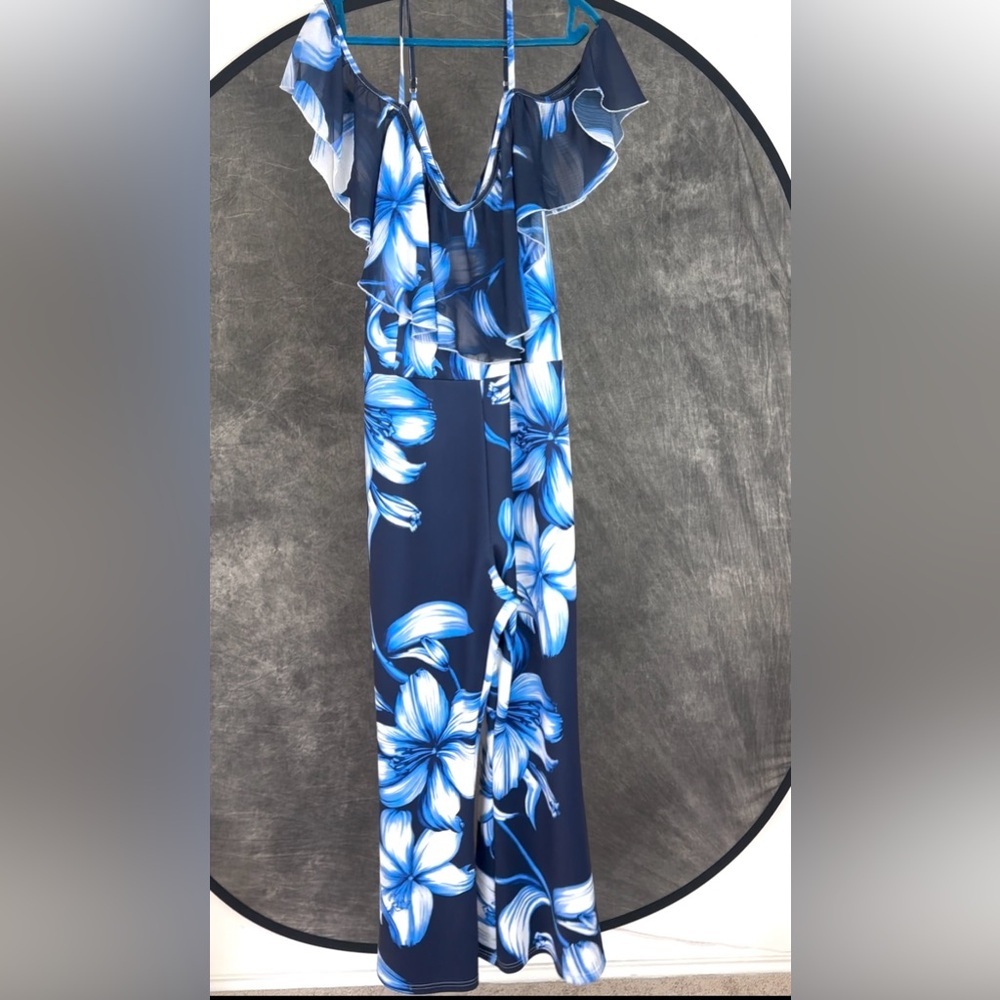 K Jordan Navy Floral Off-Shoulder Wide-Leg Jumpsuit | 2X - Picture 3 of 9
